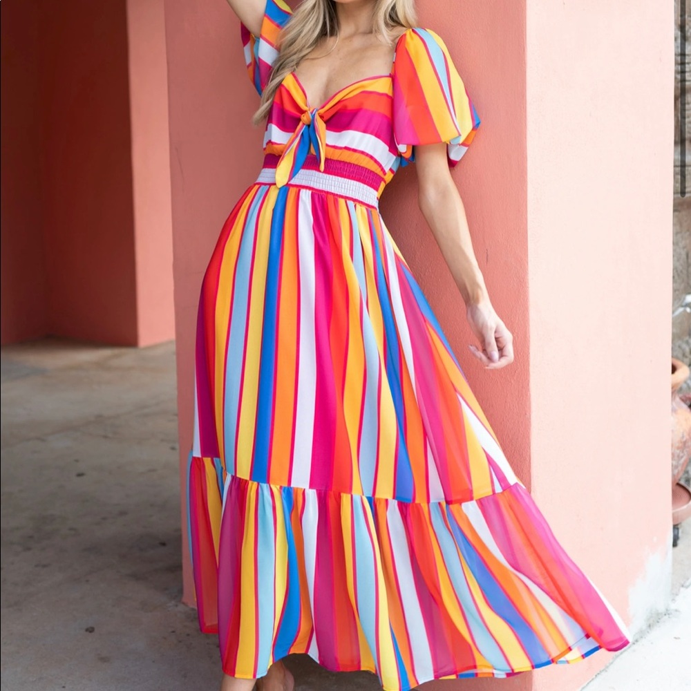 BRING HER TO LIFE RAINBOW PRINT MAXI DRESS - Red Dress- Size Small